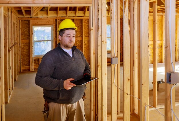 Inspektor, der Gebäude während des Hausbaus auf Tablet-PC mit Schutzhelm prüft