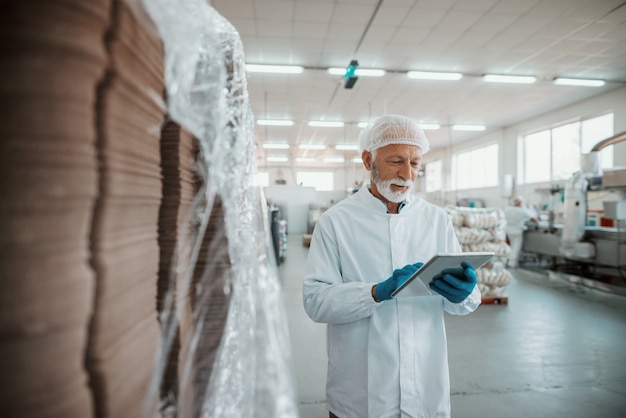 Inspetor adulto sênior caucasiano sério vestido com uniforme branco usando tablet para avaliação de qualidade de alimentos em uma fábrica de alimentos.