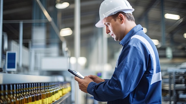 Foto inspetor verificando produto de garrafa de vidro com máquina na indústria alimentícia