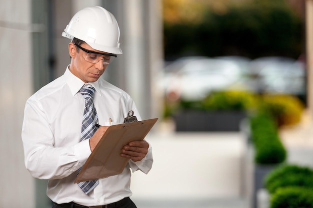 Foto inspetores ou engenheiros usando um capacete e verificando a estrutura do edifício