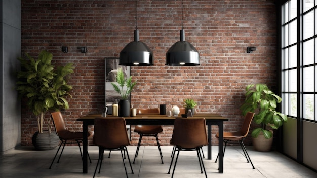 Inspiração de design de interiores da beleza da sala de jantar doméstica em estilo urbano industrial decorada com material de metal e concreto e parede de tijolo exposta Design de interiores doméstico generativo de IA
