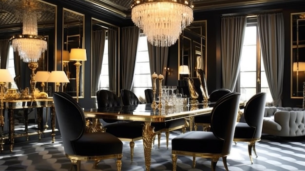 Inspiração de design de interiores da beleza da sala de jantar em estilo Art Deco Glam decorada com material de ouro e veludo e detalhes no teto Design de interiores de casa de IA generativa