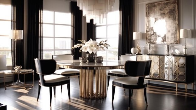 Inspiração de design de interiores da beleza da sala de jantar em estilo Art Deco Glam decorada com material de vidro e veludo e detalhes espelhados Generative AI home design de interiores