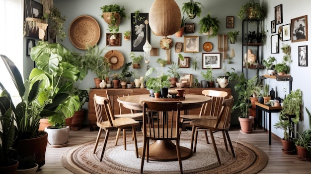 Inspiração de design de interiores da beleza da sala de jantar em estilo boêmio eclético decorada com material Rattan e Velvet e Gallery Wall Generative AI home design de interiores