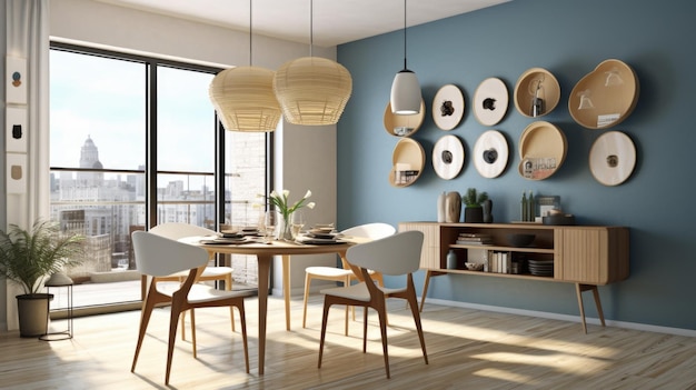 Inspiração de design de interiores da beleza da sala de jantar em estilo escandinavo moderno do meio do século, decorada com material de madeira e couro e design de interiores de casa AI geradora de arte de parede