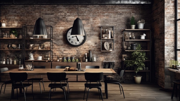 Inspiração de design de interiores da beleza da sala de jantar em estilo rústico industrial