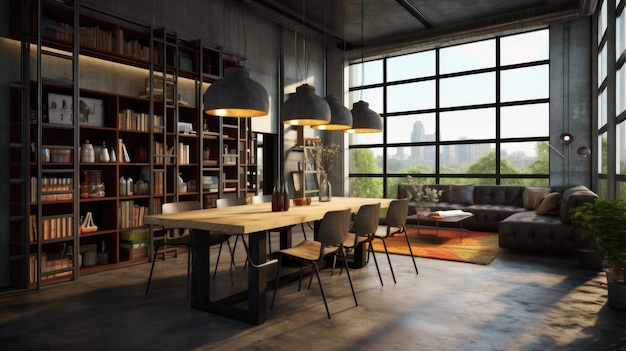 Inspiração de design de interiores da beleza da sala de jantar em estilo urbano industrial