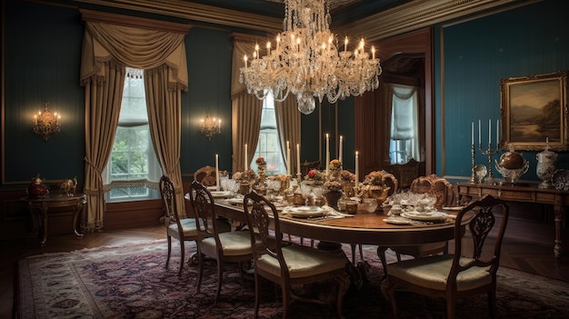 Inspiração de design de interiores da beleza tradicional da sala de jantar em casa em estilo clássico decorada com material de madeira e seda e lustre de cristal Generative AI home design de interiores