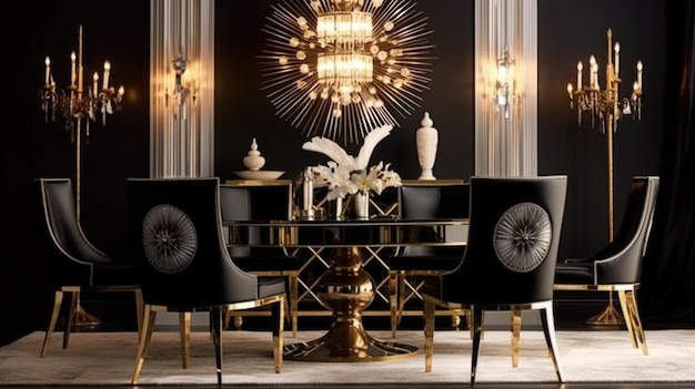 Inspiração de design de interiores de estilo Art Deco Glam casa sala de jantar beleza decorada com material de vidro e veludo e sotaques espelhados design de interior de casa de IA generativa