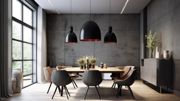 Inspiração de design de interiores de estilo industrial contemporâneo, sala de jantar em casa decorada com material de concreto e metal e luzes pendentes em cone Design de interiores de casa com IA generativa