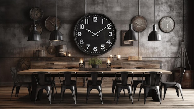 Inspiração de design de interiores de estilo industrial rústico, casa de jantar encantadora decorada com material de metal e madeira e relógio de tamanho grande.