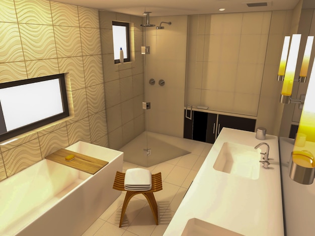Foto inspiração de renderização 3d de design de interiores de banheiro moderno exclusivo