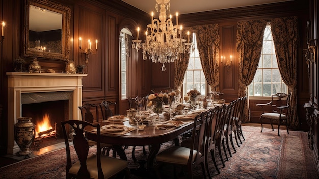 Inspiración en el diseño de interiores de la belleza del comedor de una casa de estilo colonial tradicional decorado con material de madera y tela y diseño interior de una chimenea con IA generativa