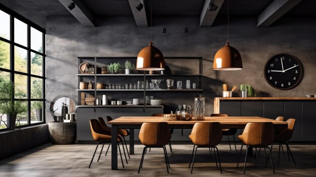 Inspiración en el diseño de interiores de la belleza del comedor de una casa de estilo minimalista industrial decorado con material de hormigón y metal y luz colgante Diseño de interiores de una casa con IA generativa