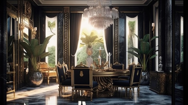 Inspiración en el diseño de interiores de la belleza del comedor del hogar de estilo Glamorous Art Deco decorado con material de vidrio y mármol y el diseño interior del hogar Chandelier Generative AI