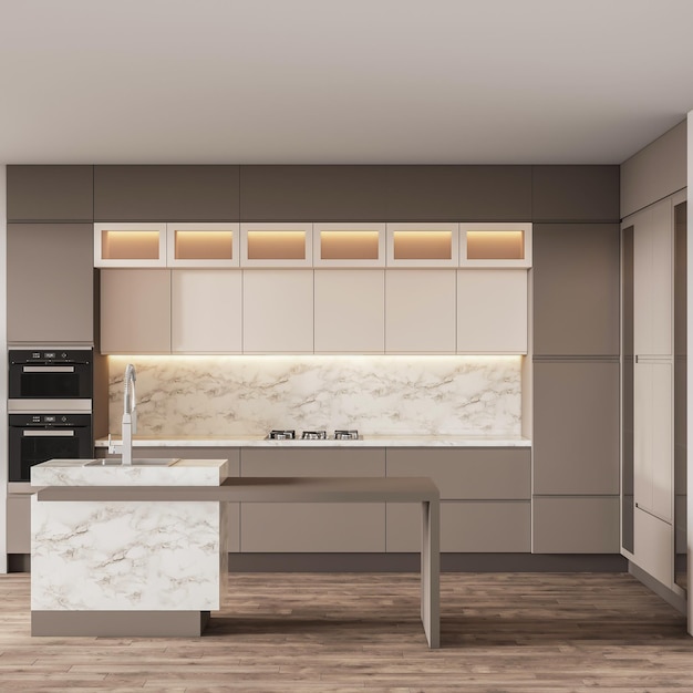 Inspiración de diseño de interiores de cocina moderna de renderizado 3d