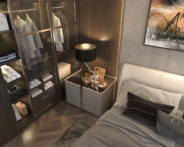 Inspiración de diseño de interiores de dormitorio moderno y acogedor de representación 3d