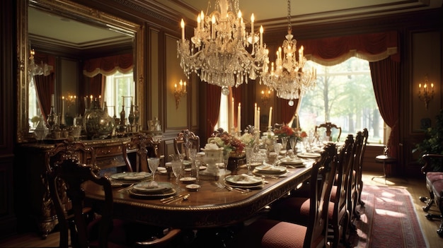 Inspiración para el diseño de interiores de estilo clásico tradicional en el comedor de la casa, belleza decorada con material de madera y tapicería y candelabro de cristal.