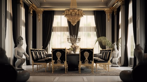 Inspiración para el diseño de interiores de estilo glamuroso Art Deco en el comedor de la casa, belleza decorada con material de vidrio y mármol y candelabro.