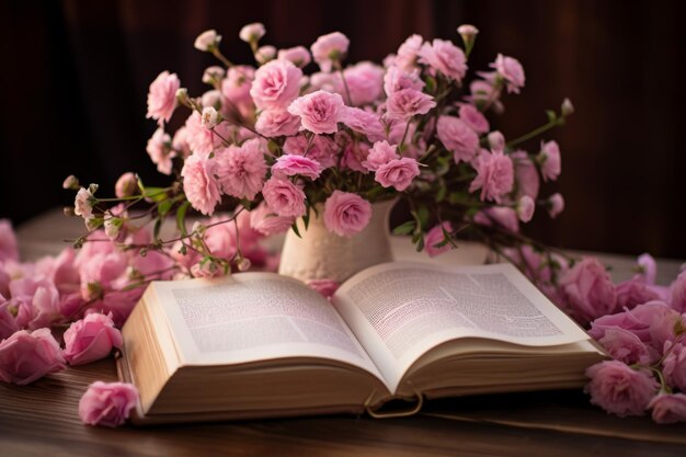 Inspiración en flor un ramo de flores rosas florece junto a un libro abierto ar 32