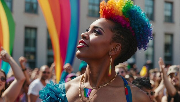 inspiración orgullo una mujer con un cabello de colores y una peluca de colores en la cabeza