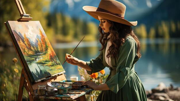 Foto inspiración de la orilla del lago mujer capturando la serenidad con su pincel