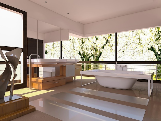 Inspiración de renderizado 3D de diseño de interiores de baño moderno único