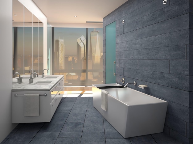 Inspiración de renderizado 3D de diseño de interiores de baño moderno único