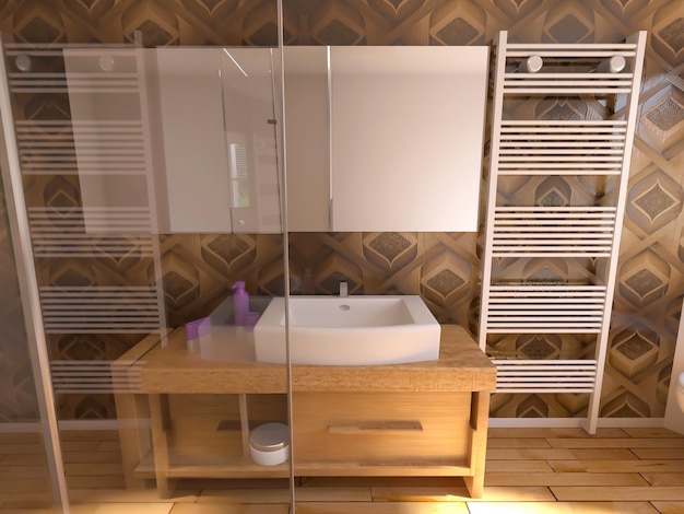 Inspiración de renderizado 3D de diseño de interiores de baño moderno único