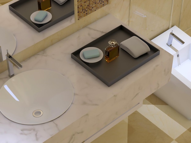 Inspiración de renderizado 3D de diseño de interiores de baño moderno único