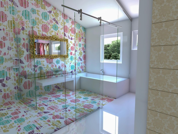 Inspiración de renderizado 3D de diseño de interiores de baño moderno único