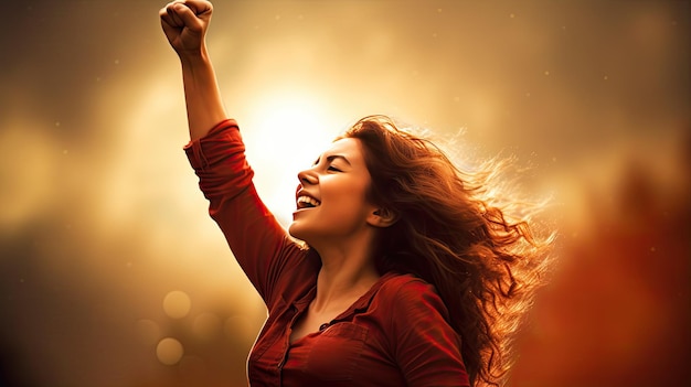 Foto inspirada y fuerte: mujer feliz con el puño al cielo en la determinación y el coraje para la actividad