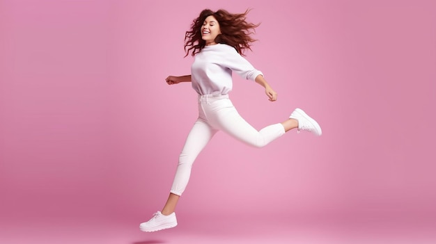 Inspirada garota positiva em tênis brancos dançando em fundo rosa