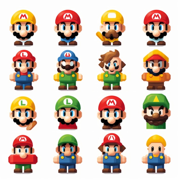 Inspirado en Mario Minimalista Pixel Art Player Avatar Sprite Hoja Una encantadora colección en una B blanca