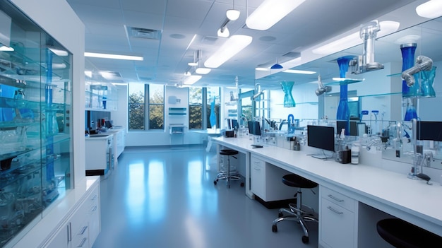 Inspirador diseño interior de oficina Estilo inspirado en la tecnología Oficina con arquitectura de laboratorio de investigación IA generativa AIG 31