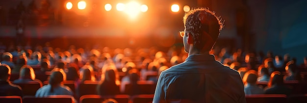 Foto inspiradora charla de tedx sobre el concepto de liderazgo innovador orador inspirando a la audiencia con nuevas ideas