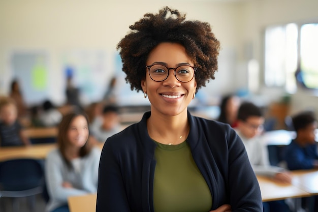 Inspiradora maestra afroamericana sonríe en medio del aprendizaje