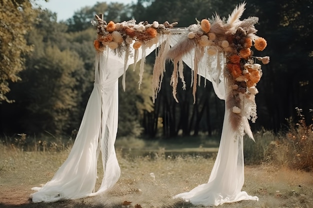 Inspírate con esta vista frontal de un arco de boda bohemio decorado con una fina capa de gasa de gasa