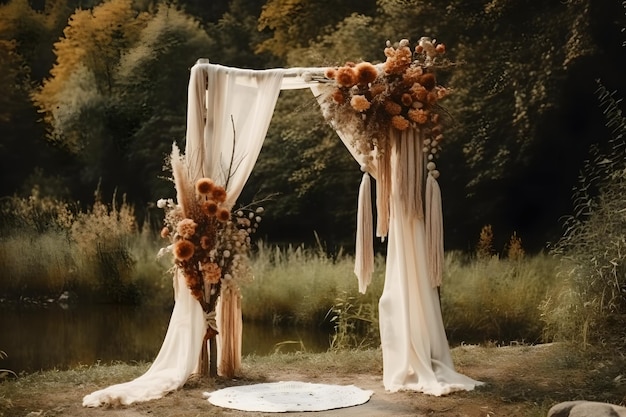 Inspírate con esta vista frontal de un arco de boda bohemio decorado con una fina capa de gasa de gasa