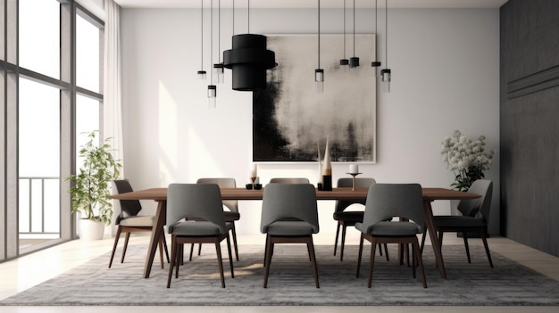 Inspiration für die Innenarchitektur des Esszimmers im modernen, minimalistischen Stil, dekoriert mit Holz- und Metallmaterialien und Kronleuchtern. Generative AI-Innenarchitektur für zu Hause