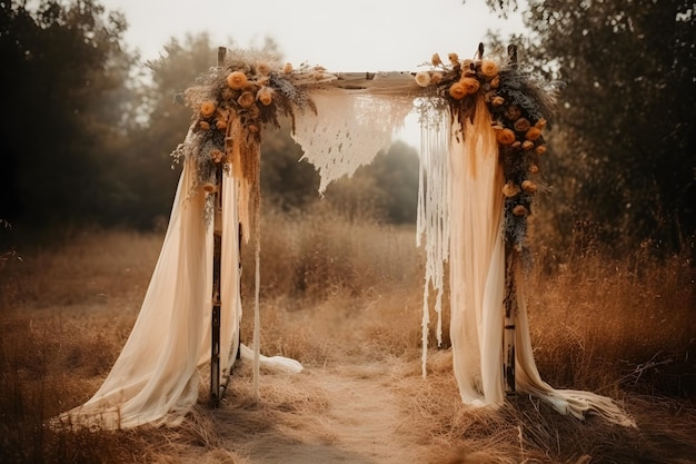 Inspire-se com esta vista frontal de um arco de casamento Boho decorado com sobreposição de gaze de gaze fina