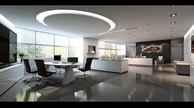 Inspirierende Innenarchitektur für Büros. Firmenbüro im zeitgenössischen Stil mit offenem Raumdesign und schlanker Designarchitektur. Generative AI AIG 31