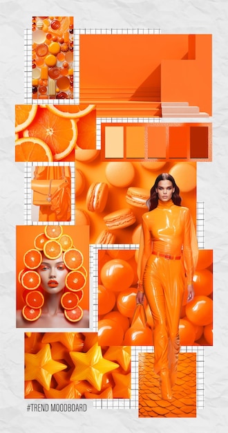 Inspirierende Mode-Stimmungstabelle Collage mit Top-Farbfotos Orange-Ästhetik