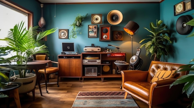 Inspirierendes Büro-Interior-Design im Midcentury-Stil Privatbüro mit Retro-Möbelarchitektur Generative KI AIG 31