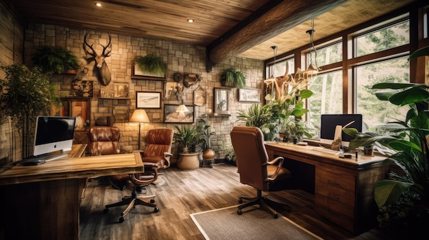 Foto inspirierendes büro-interior-design rustikaler stil firmenbüro mit gemütlicher und einladender architektur generative ki aig 31