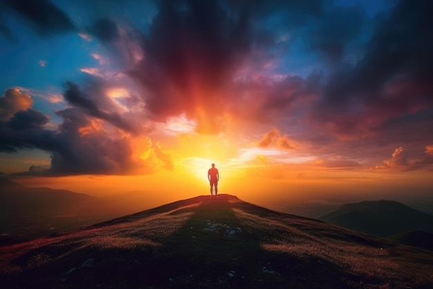 Foto inspirierter männlicher reisender steht auf einem berg vor dem wunderschönen hintergrund des sonnenuntergangs