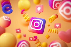 Foto instagram-anwendungslogo mit emoji und schwebenden objekten
