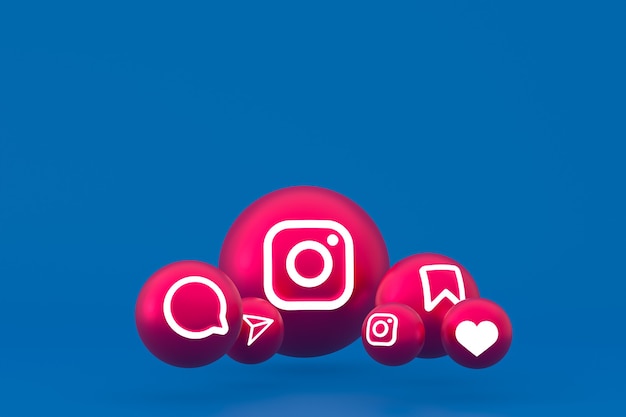 Instagram Icon Set 3D-Rendering auf blauem Hintergrund