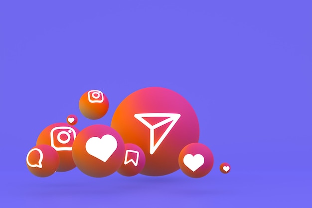 Instagram Icon Set 3D-Rendering auf lila Hintergrund