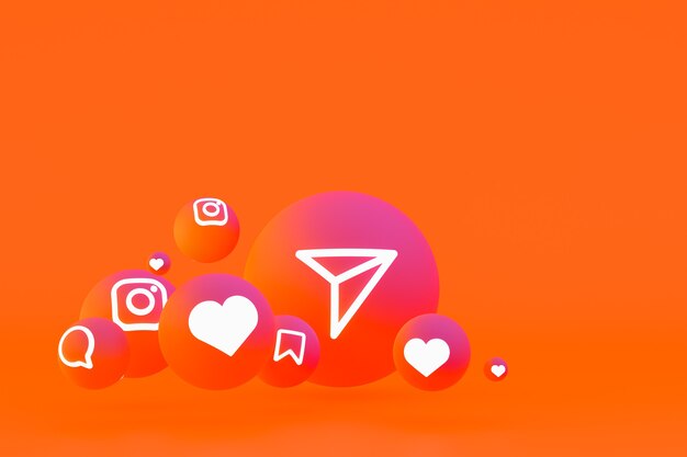 Instagram Icon Set 3D-Rendering auf orangem Hintergrund